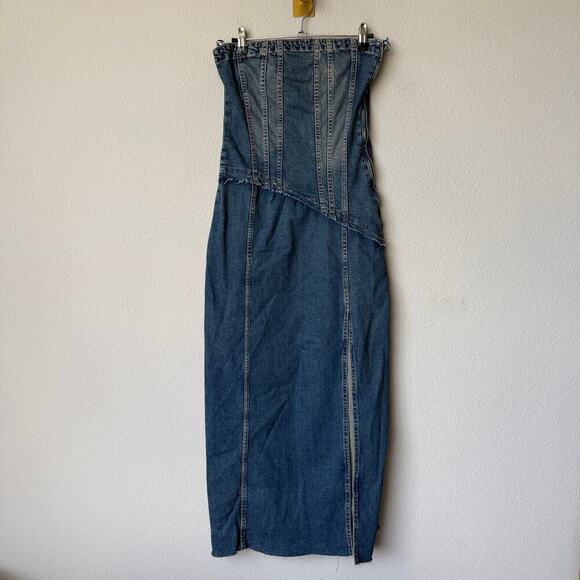 Zara Strapless Asymmetric Denim Midi Dress Size S - Picture 2 of 4